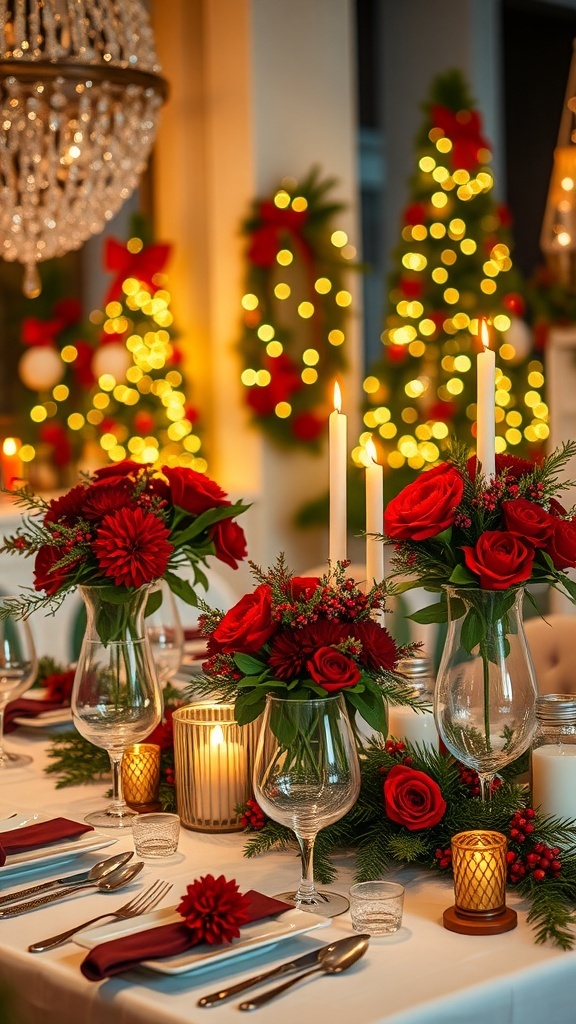 Festive Christmas Table Settings with Flowers A festive Christmas table setting with floral arrangements, candles, and holiday decor.